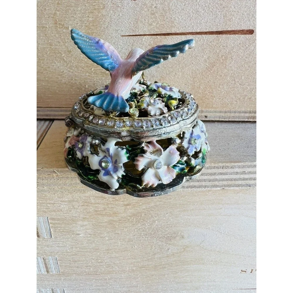 Ornate Hummingbird Trinket Box Small Metal Acrylic Pill Ring Holder  Rhinestone